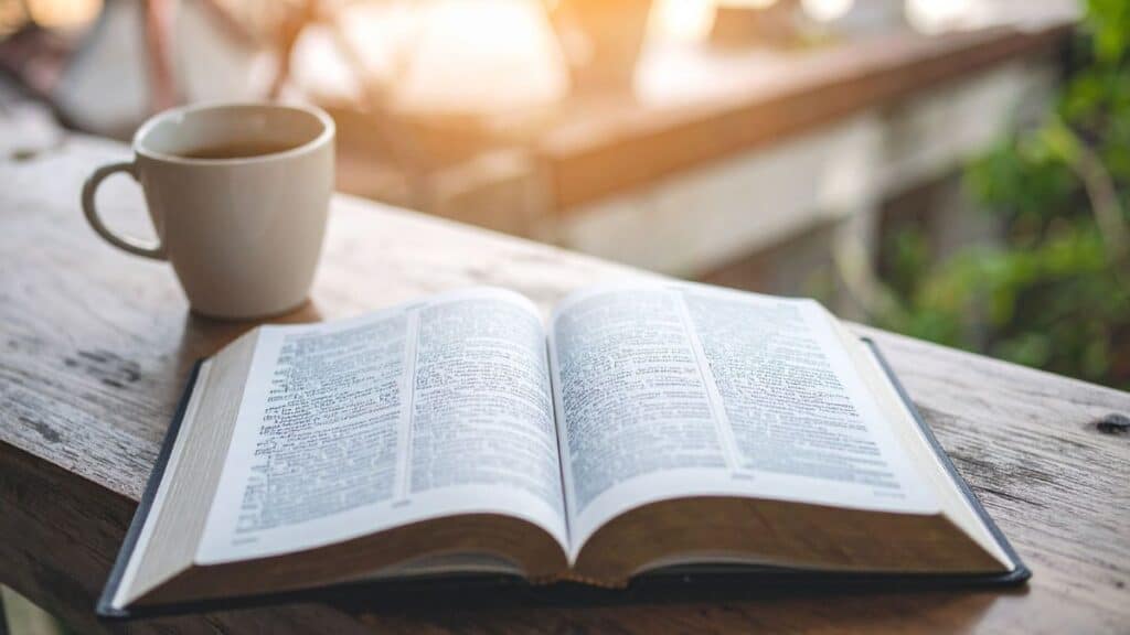 Bible open on table with soft morning light for prayer time