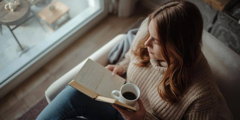 Woman with journal, bible, and coffee, quiet morning setting